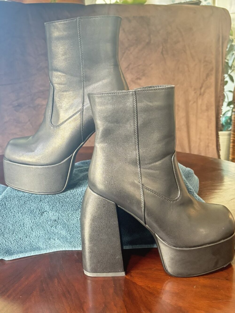 Black Faux Leather Platform Block Heel Zip Ankle Boots Size 40 / US 9 - Picture 3 of 10